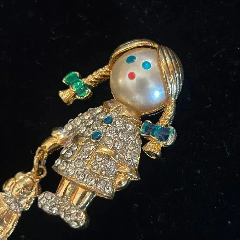 Vintage Gold Rhinestone Enamel Faux Pearl Girl with Doll Brooch Pin